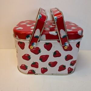 Cute Vintage Strawberry Tin Container with handles English Cottage Lunch box